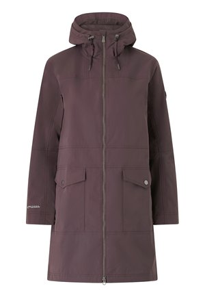 Lila wasserdichte Jacke mit vollem Reißverschluss, verstellbarem Kapuze, zwei Vorderpockets und Markenlogo auf dem Ärmel. Glatte Außenbeschaffenheit.
