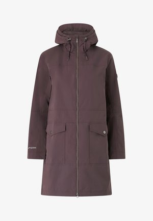 Veste étanche violette avec une fermeture éclair complète, capuche réglable, deux poches avant et un détail de marque sur la manche. Texture extérieure lisse.