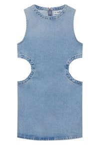 Vaaleansininen farkkumekko, jossa on hihaton malli, leikkuureunat sivuilla ja pyöreä kaula-aukko. Rakennekangas, jossa näkyvät saumat.