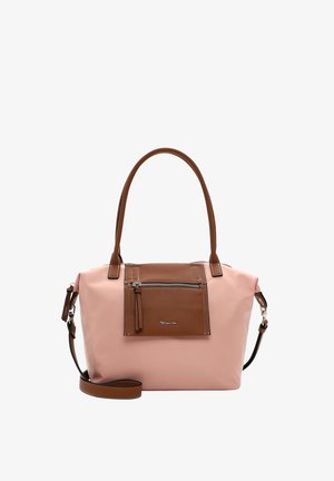 Pink syntetisk håndtaske med brune læderdetaljer, en lynlåslomme foran og dobbelte håndtag. Inkluderer en aftagelig skulderrem.