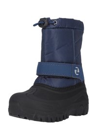 Marineblauer Schneestiefel mit einem gesteppten Obermaterial, schwarzem Gummisohle, verstellbarem Bündchen und einem Klettverschluss für einen sicheren Sitz.