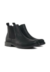Black Chelsea boots featuring smooth leather, elastic side panels, pull tabs, and a rubber sole with a slight heel.