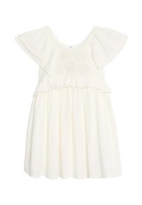 Abito di cotone bianco con maniche a farfalla corte, motivo floreale ricamato sul corpo e vita arricciata. Design di gonna fluida.