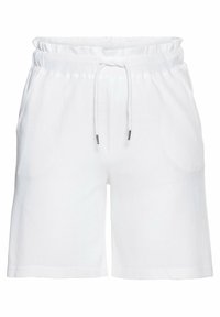 Shorts en coton blancs avec une taille élastique, fermeture à cordon de serrage et deux poches latérales. Texture lisse avec une coupe décontractée.