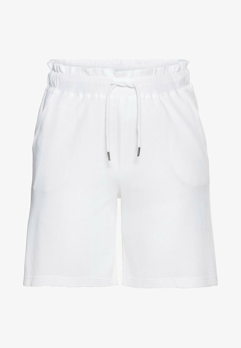 Shorts en coton blancs avec une taille élastique, fermeture à cordon de serrage et deux poches latérales. Texture lisse avec une coupe décontractée.
