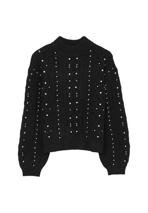 Maglione nero a maglia con collo alto, maniche a palloncino e righe verticali di piccole borchie argentate.