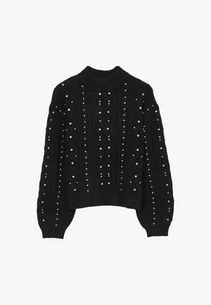 Pull en maille noir avec col montant, manches ballons et rangées verticales de petites clous en argent.