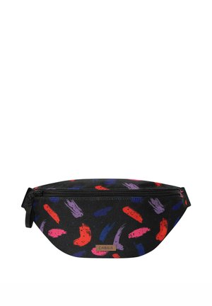 Black fabric waist bag with colorful brushstroke patterns in red, pink, purple, and blue and a front zipper with a small brown logo patch.