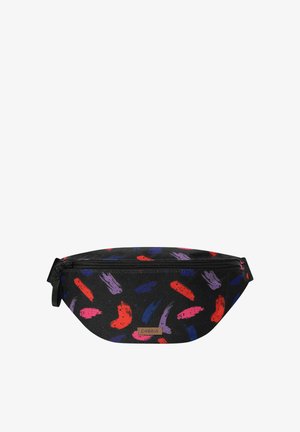 Black fabric waist bag with colorful brushstroke patterns in red, pink, purple, and blue and a front zipper with a small brown logo patch.