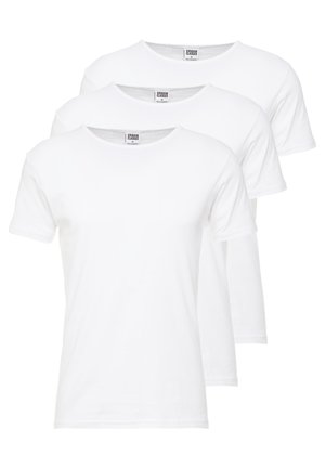 Drei weiße kurzärmlige T-Shirts in gestapelter Anordnung. Aus Baumwolle gefertigt, mit Rundhalsausschnitt und regulärer Passform.