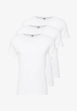 Drei weiße kurzärmlige T-Shirts in gestapelter Anordnung. Aus Baumwolle gefertigt, mit Rundhalsausschnitt und regulärer Passform.