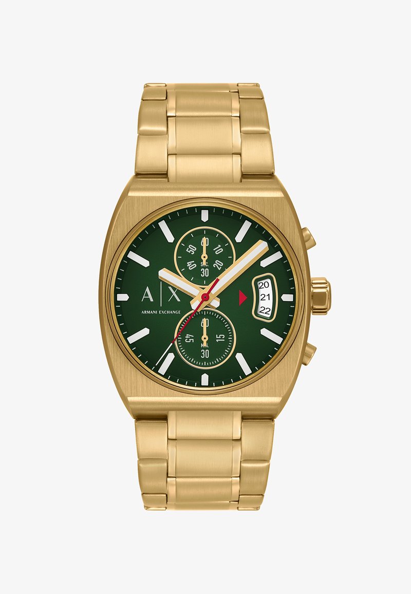 Montre en acier inoxydable doré avec un cadran vert, des index horaires blancs, deux sous-cadrans chronographes et un affichage de la date. Finition brossée.