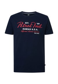 Navy blue cotton t-shirt with crew neck, short sleeves, and white and red graphic text: "Petrol Ind. Hawaii U.S.A." on the front.