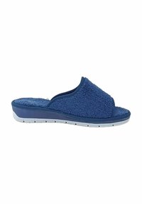 Pantofole aperte blu navy con tomaia in tessuto testurizzato e suola imbottita, progettate per il comfort indoor e per un facile indossamento.