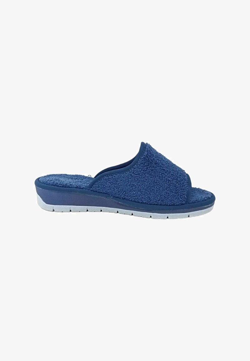 Pantofole aperte blu navy con tomaia in tessuto testurizzato e suola imbottita, progettate per il comfort indoor e per un facile indossamento.