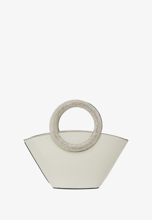 Cremfarbene Handtasche aus Kunstleder mit geometrischer Form, ausgestattet mit einem funkelnden runden Griff und kontrastierenden schwarzen Akzenten.