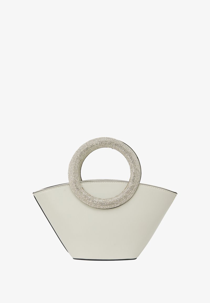 Krém színű műbőr kézitáska geometrikus formával, ragyogó kör alakú füllel és kontrasztos fekete díszítéssel.