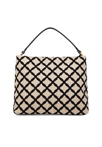 Borsa rettangolare texturizzata in crema e nero con un motivo geometrico, dotata di manico nero e dettagli in hardware dorato.