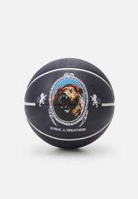 Black basketball featuring a textured surface, a colorful lion graphic in an ornate frame, and the phrase "STRIVE for GREATNESS" printed.