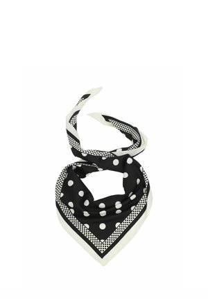 Black and white polka dot silk scarf with a patterned border, folded in a triangular shape with tied ends.