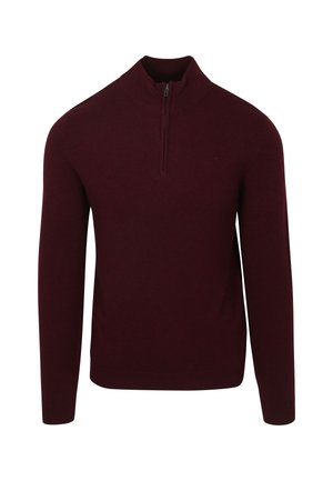 Burgunderfarbener Pullover mit Reißverschluss am Hals aus weichem Strickstoff, mit langen Ärmeln und eng anliegendem Kragen. Glatte Textur ohne sichtbare Muster.