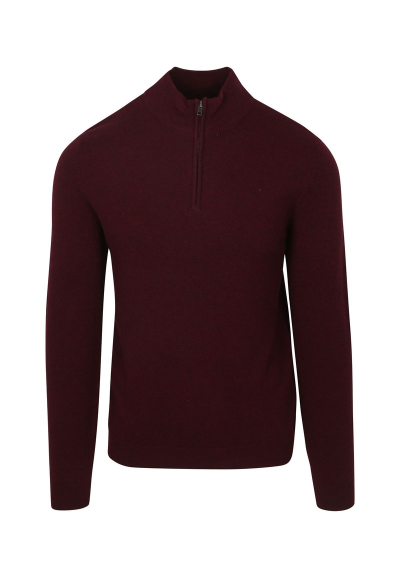 Bordeaux zip-necksweater gemaakt van zacht breigaren, met lange mouwen en een aansluitende kraag. Gladde textuur zonder zichtbare patronen.