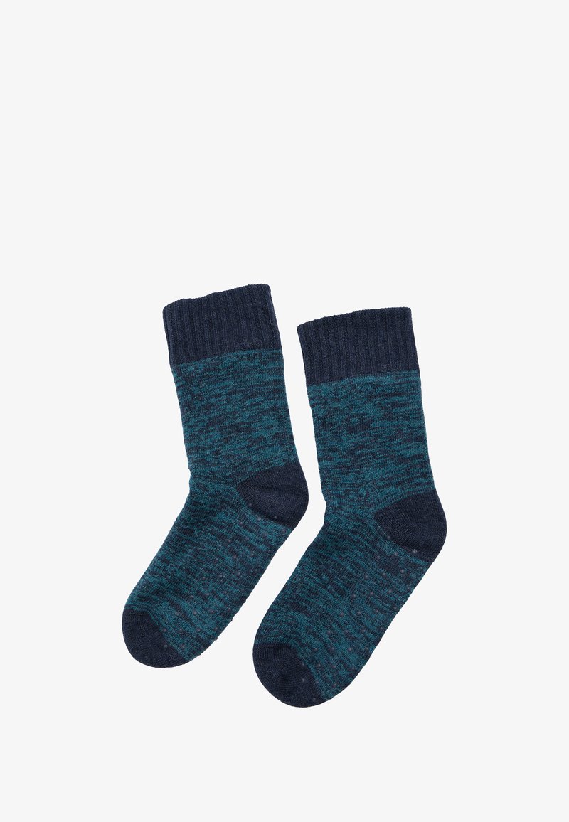 Sæt af ankelstrømper i mørkeblå og teal marleret strik med ribbede manchetter og teksturerede gripsk dots på sålerne.