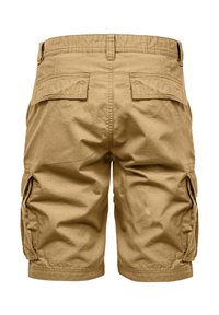 Khaki cargo shorts with a relaxed fit, featuring two back pockets and side pockets, made of lightweight fabric with a smooth texture.