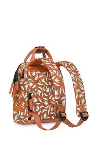 Orange backpack with floral pattern, featuring a textured surface, dual handles, adjustable straps, and black zip closures.