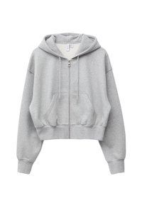 Graue, kurz geschnittene Kapuzenjacke aus einem weichen Baumwollmix, mit einem Frontreißverschluss, Kordelzügen, einer Kängurutasche sowie gerippten Bündchen und Saum.