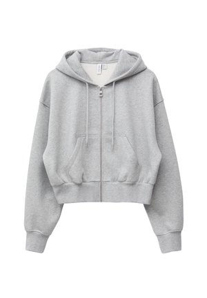 Graue, kurz geschnittene Kapuzenjacke aus einem weichen Baumwollmix, mit einem Frontreißverschluss, Kordelzügen, einer Kängurutasche sowie gerippten Bündchen und Saum.