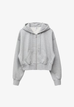 Gray cropped hoodie made of soft cotton blend, featuring a front zipper, drawstrings, a kangaroo pocket, and ribbed cuffs and hem.