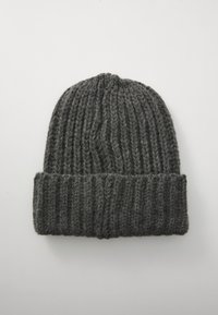 Gray knit beanie with a ribbed texture, featuring a folded cuff at the bottom. Made of thick yarn, it has a rounded top and even stitching.