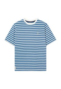 Camiseta de rayas azules y blancas con mangas cortas, escote redondo y pequeño detalle de logo en el pecho. Fabricada en material de algodón.