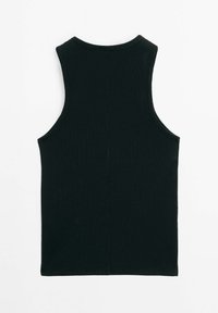 Black, sleeveless tank top made of ribbed fabric. Features a round neckline and a straight cut with no visible seams on the back.