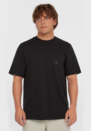 Black cotton t-shirt featuring a round neckline, short sleeves, and a chest pocket with an O'Neill logo. Smooth texture and relaxed fit.