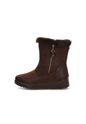 Bota de invierno marrón con forro de piel, cremallera lateral, tejido acolchado y suela de goma plana.