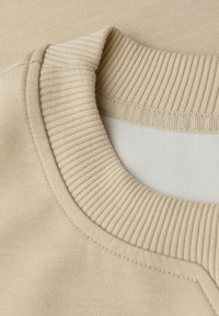 Beżowa bluza z prążkowanym kołnierzem. Miękka w dotyku, o czystym designie, z jednolitym kolorem i subtelnym detalem szwów.