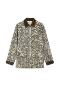 Jas met luipaardpatroon in beige en bruin, met een corduroy kraag, twee voorzakken en een geruit detail op de mouwen.