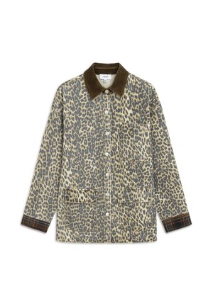 Jas met luipaardpatroon in beige en bruin, met een corduroy kraag, twee voorzakken en een geruit detail op de mouwen.