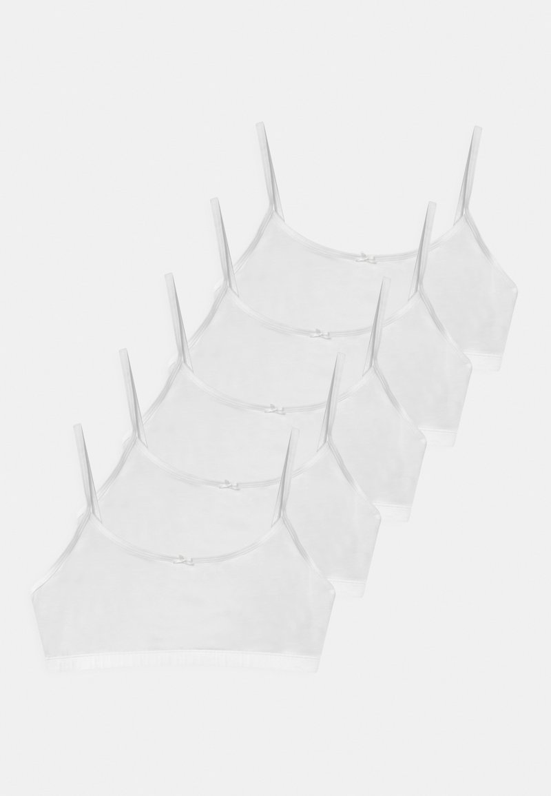 Camisole bianchi e trasparenti con spalline sottili, caratterizzate da un design semplice e liscio, disposte in fila. Nessun motivo o accessorio visibile.