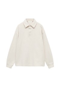 Beige polo tričko s dlhým rukávom s troma gombíkmi a golierom, s rebrovanými manžetami na rukávoch.