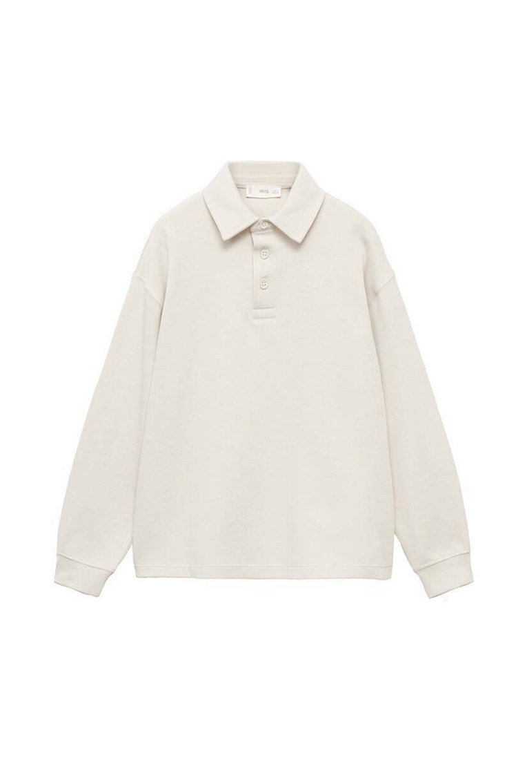 Beige polo tričko s dlhým rukávom s troma gombíkmi a golierom, s rebrovanými manžetami na rukávoch.