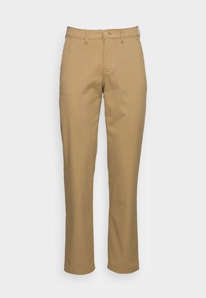 Khaki broek gemaakt van een katoenmix, met een rechte pijp, riemlussen en een knoopsluiting, met een gladde textuur.