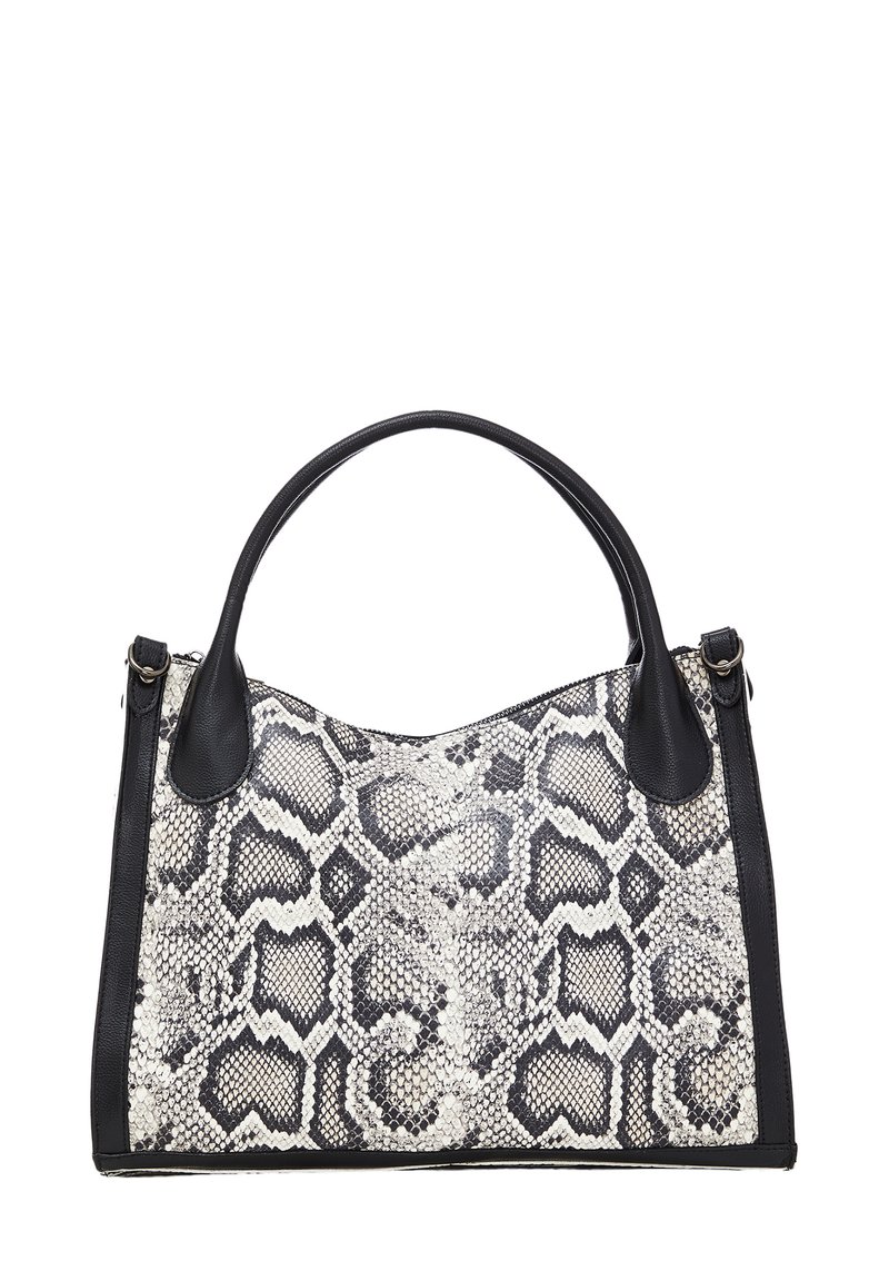 Borsa a mano con manici in pelle nera, caratterizzata da un motivo in pelle di serpente bianco e nero con una texture liscia e una forma strutturata.