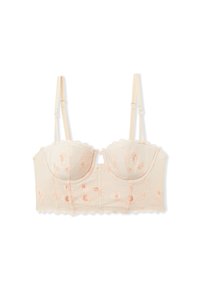 Bralette in pizzo color nudo chiaro con ricami floreali pesca, coppe strutturate e bordi scallop. Spalline regolabili e chiusura a gancio sul retro.