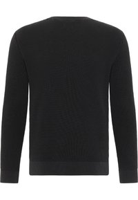 Pull en tricot noir à manches longues, texture côtelée, col rond et ourlet plat. Le matériau semble épais et chaud.