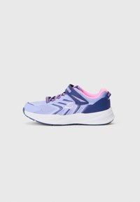 Purple and navy athletic shoes with mesh upper, adjustable strap, textured sole, and vibrant pink accents on the collar and logo.