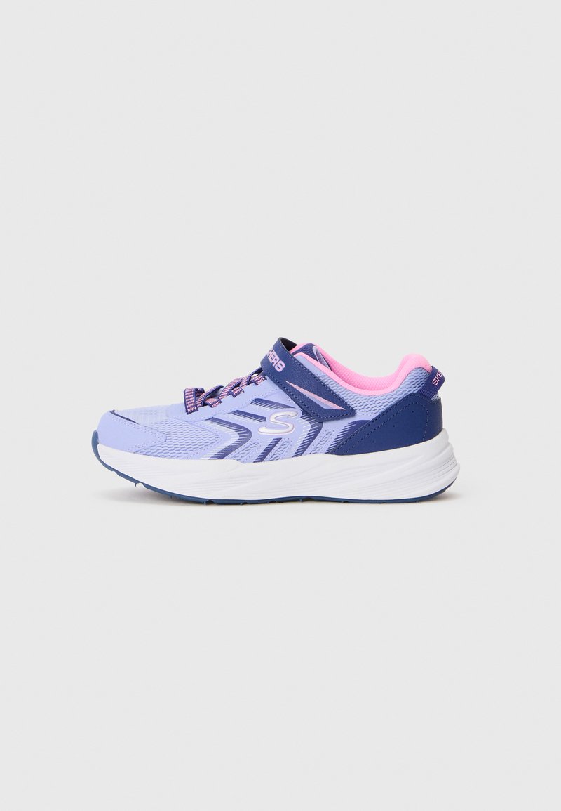 Purple and navy athletic shoes with mesh upper, adjustable strap, textured sole, and vibrant pink accents on the collar and logo.