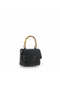 Borsa a tracolla nera in pelle con manico in bamboo, motivo impresso, chiusura a patta, hardware in tono oro e tracolla removibile.